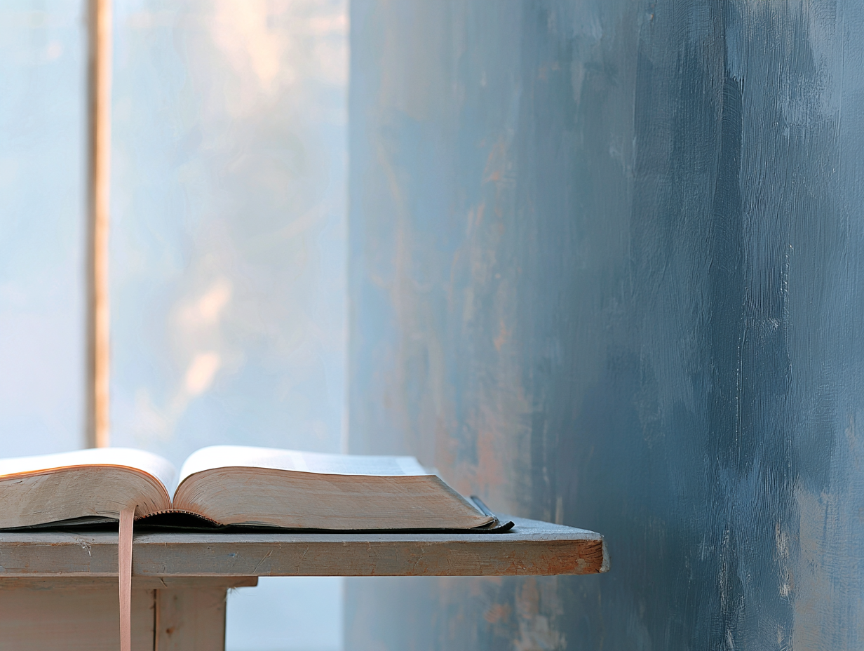 An open Bible on a simple table beside a softly lit window
