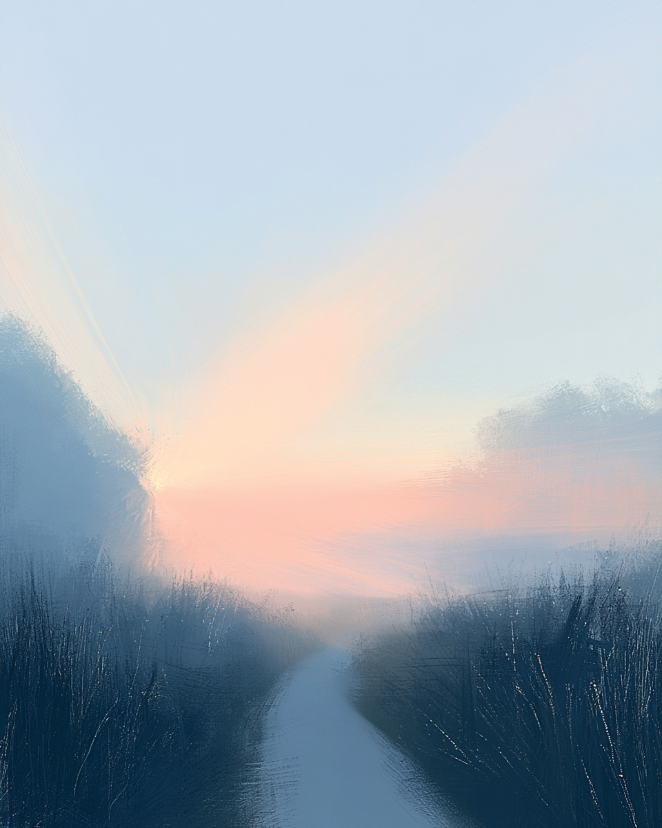 A quiet path through coastal grasses leading toward sunrise